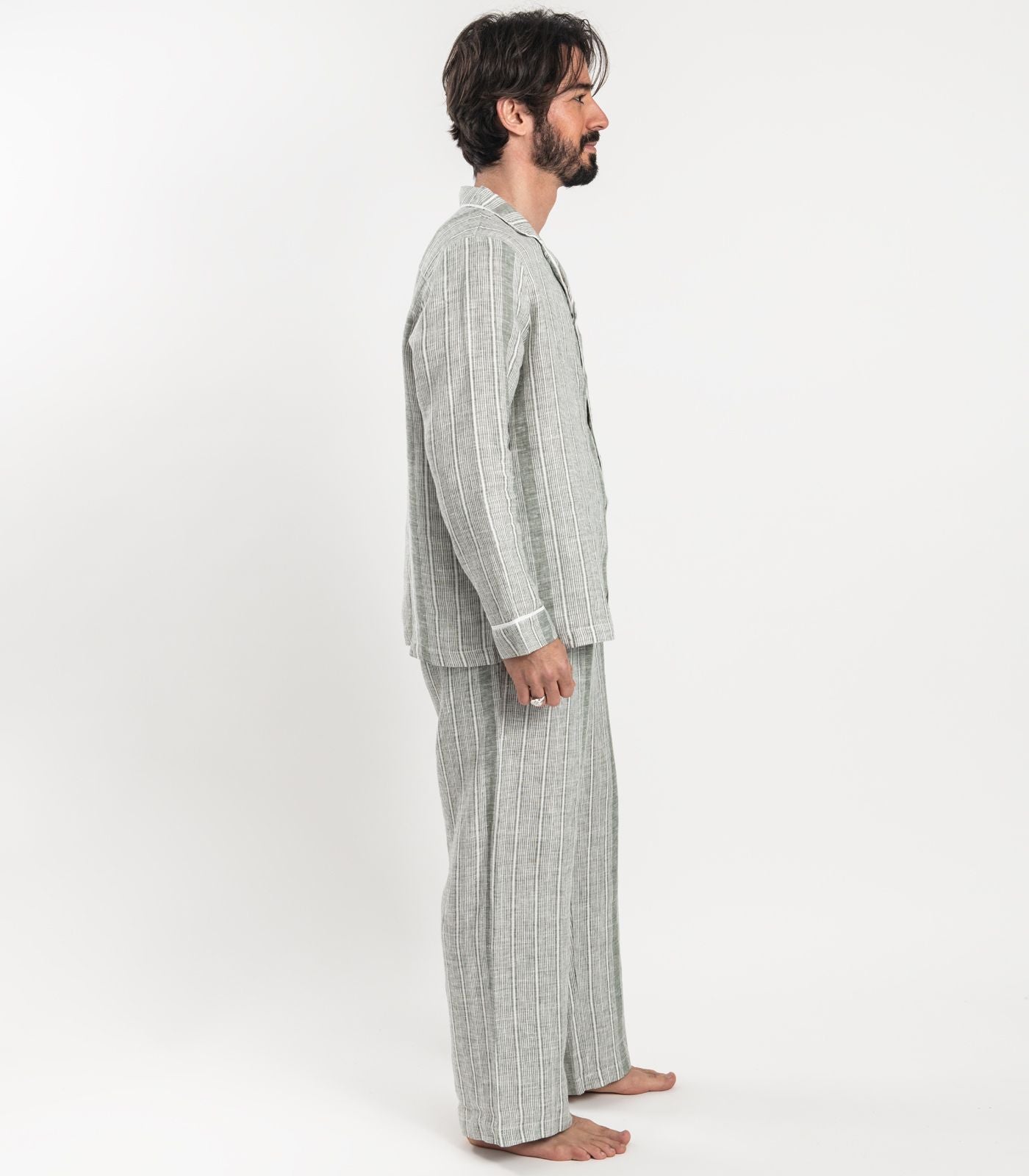 Bhumi Organic Cotton - Men's Linen PJ Set - Bronze Green Stripe