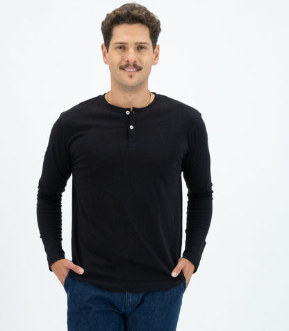 Bhumi Organic Cotton - Men's Henley Long Sleeve Shirt - Black