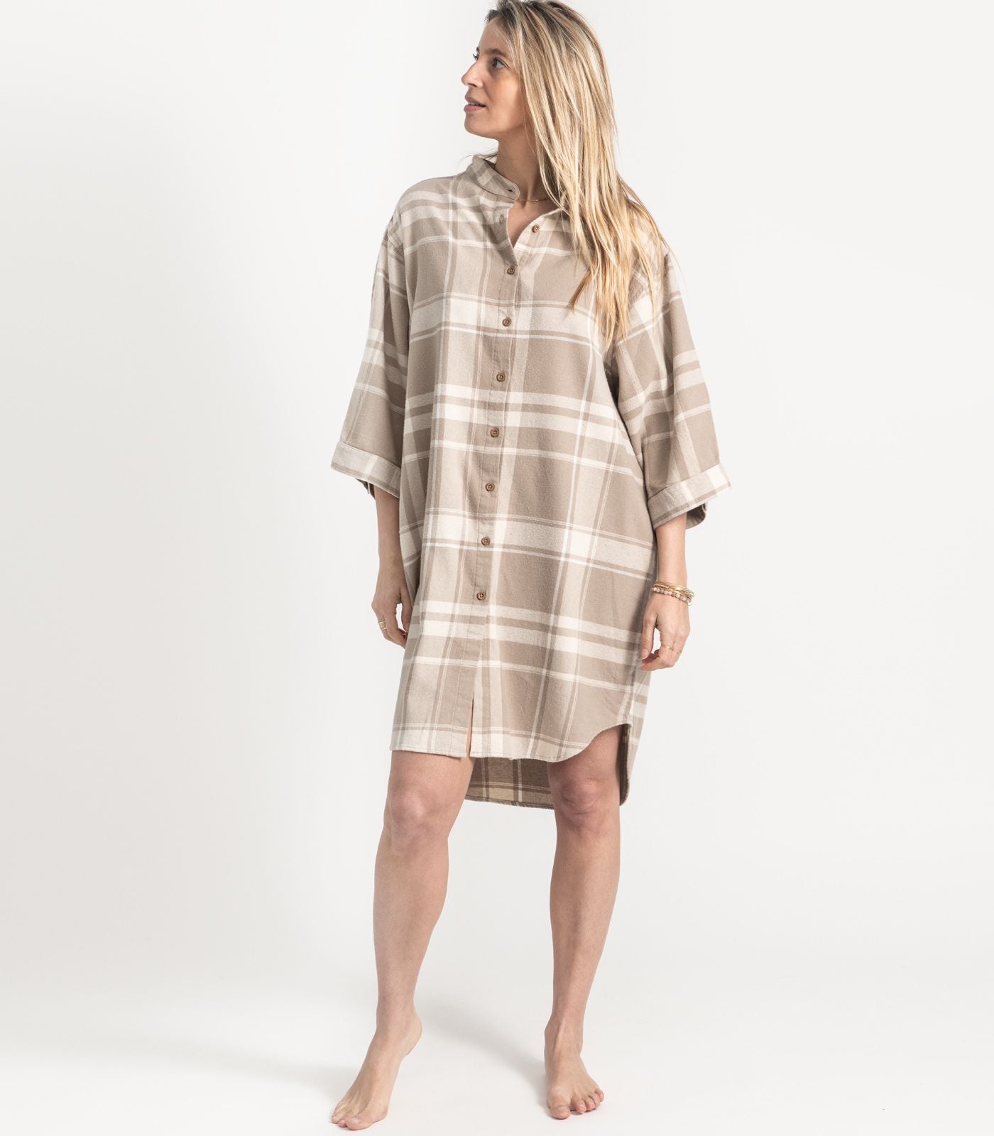 Bhumi Organic Cotton - Flannelette Night Shirt - Plaid - Golden Taupe Plaid