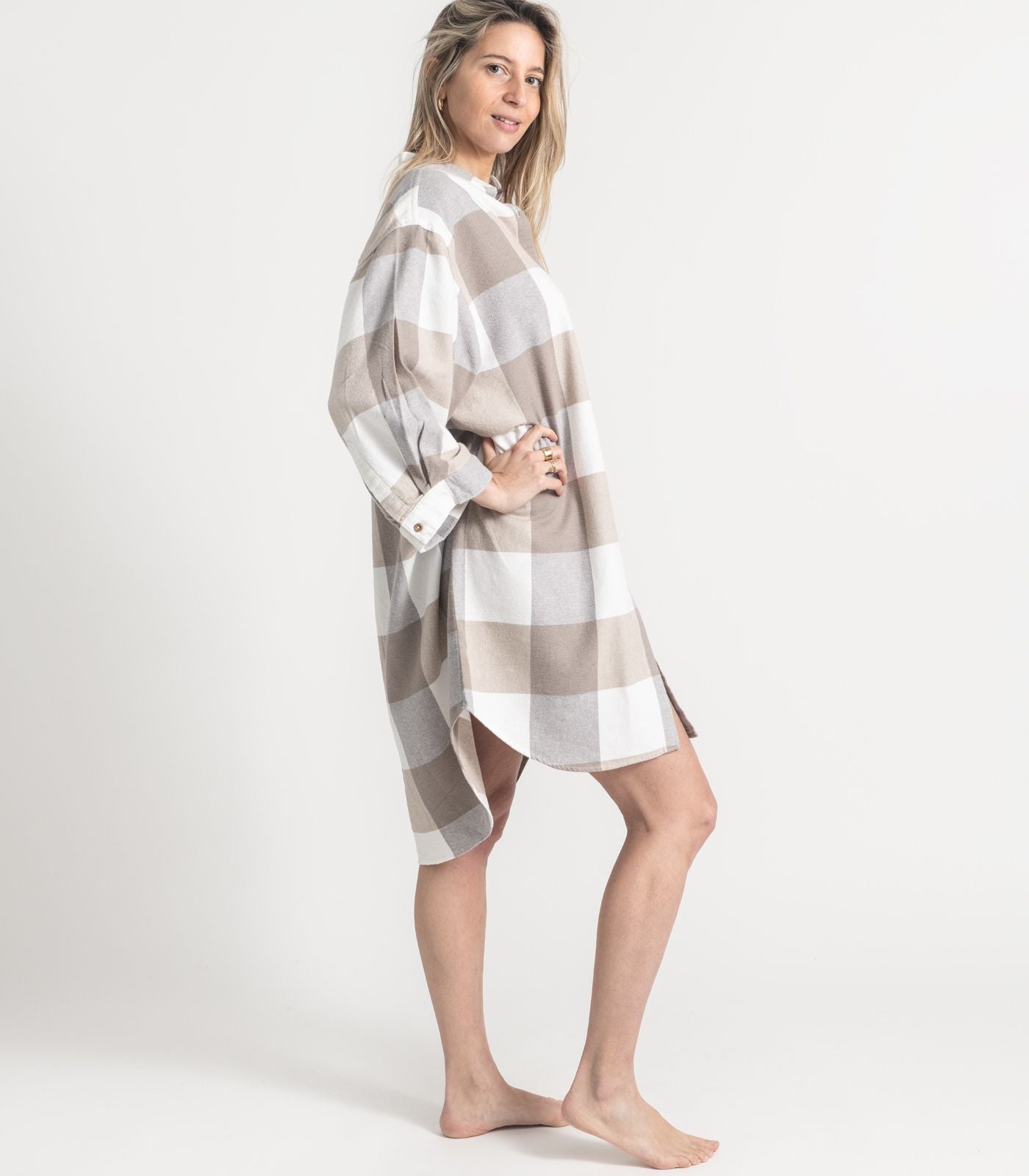 Bhumi Organic Cotton - Flannelette Night Shirt - Check - Golden Taupe Check