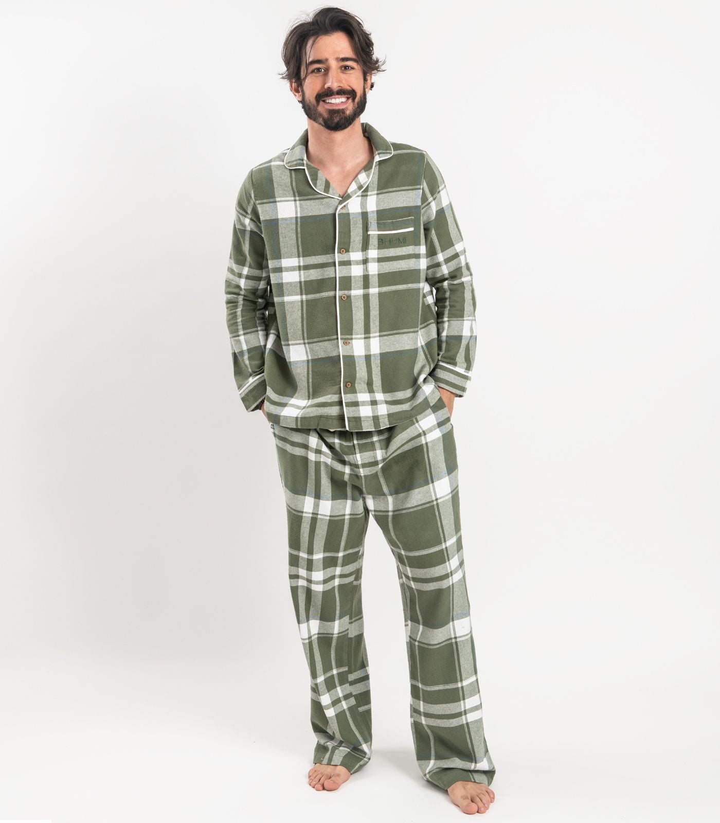 Bhumi Organic Cotton - Men's Flannelette PJ Set - Plaid - Bronze Green Plaid