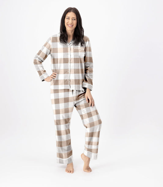 Bhumi Organic Cotton - Flannelette Long PJ Set - Check - Golden Taupe Check