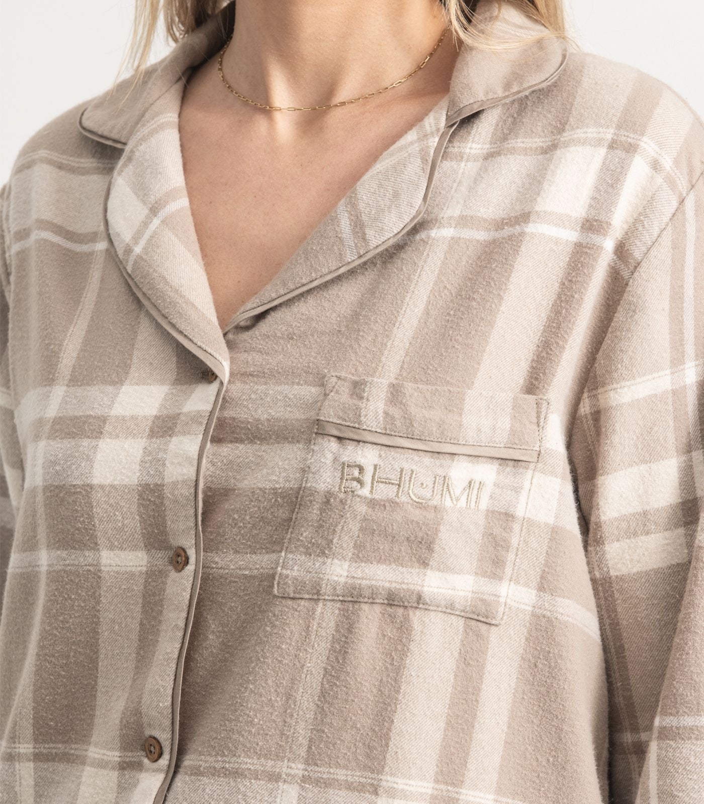 Bhumi Organic Cotton - Flannelette Long PJ Set - Plaid - Golden Taupe Plaid