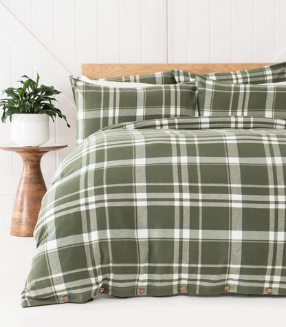 Bhumi Organic Cotton - Flannelette Quilt Cover Set - Plaid - Bronze Green Plaid