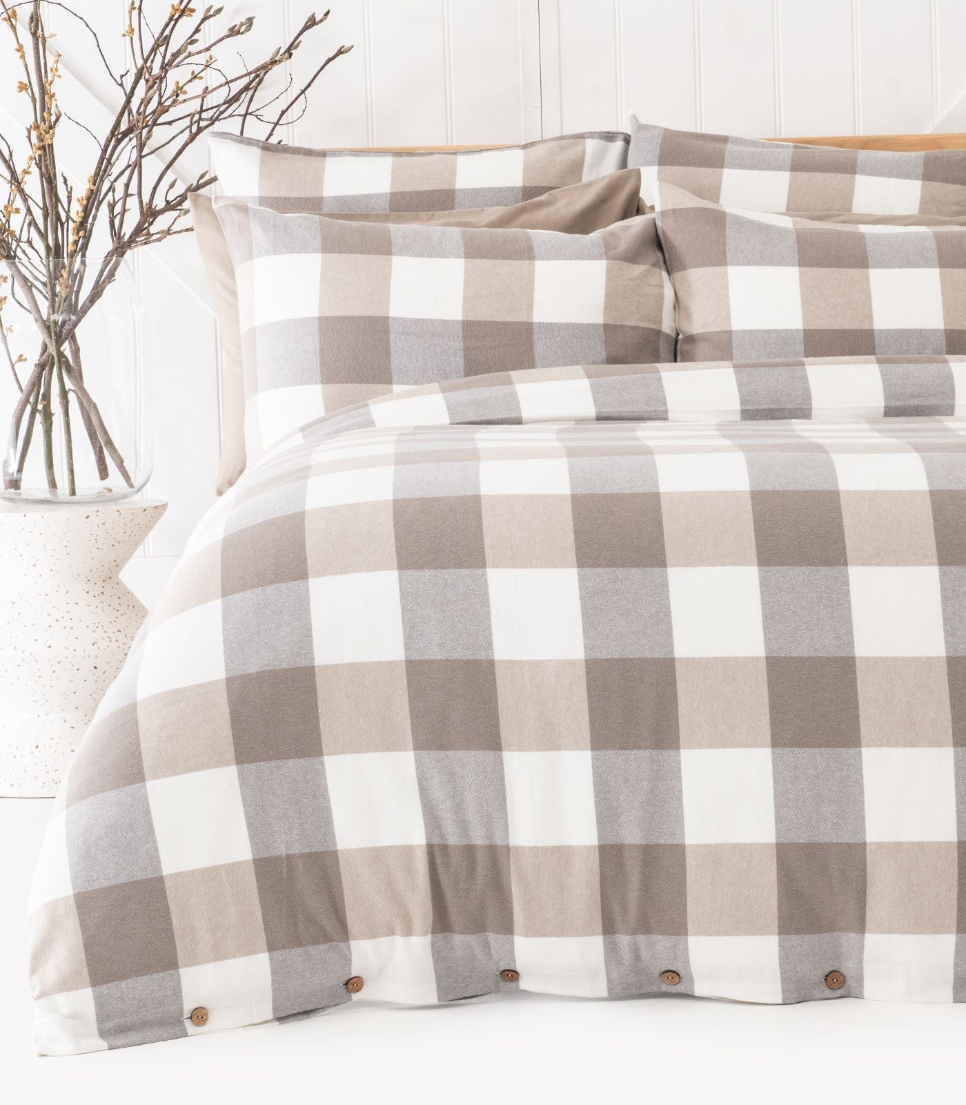 Bhumi Organic Cotton- Flannelette Quilt Cover Set - Check - Golden Taupe Check