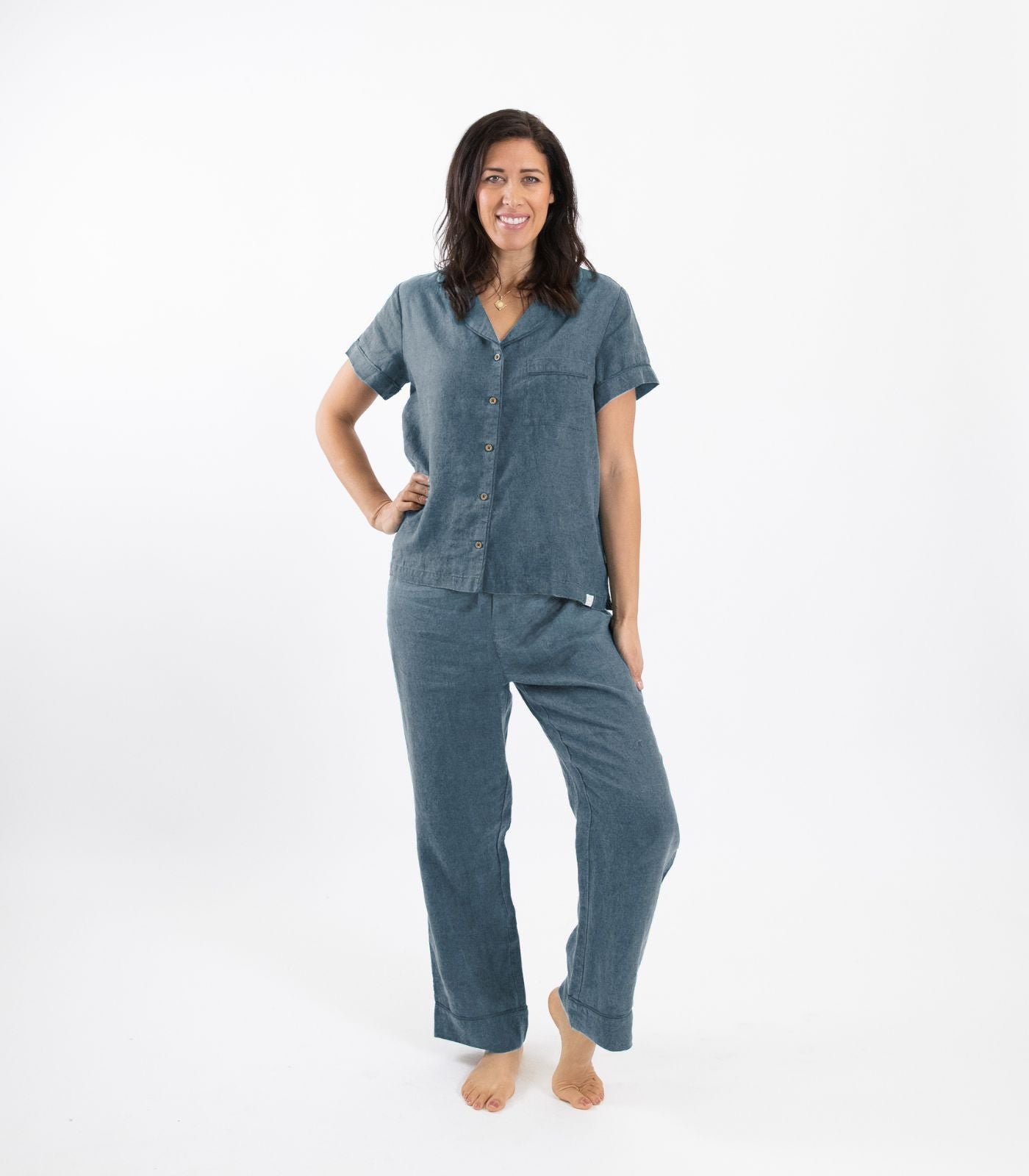 Bhumi Organic Cotton - Linen Short Sleeve PJ Set - Indian Teal