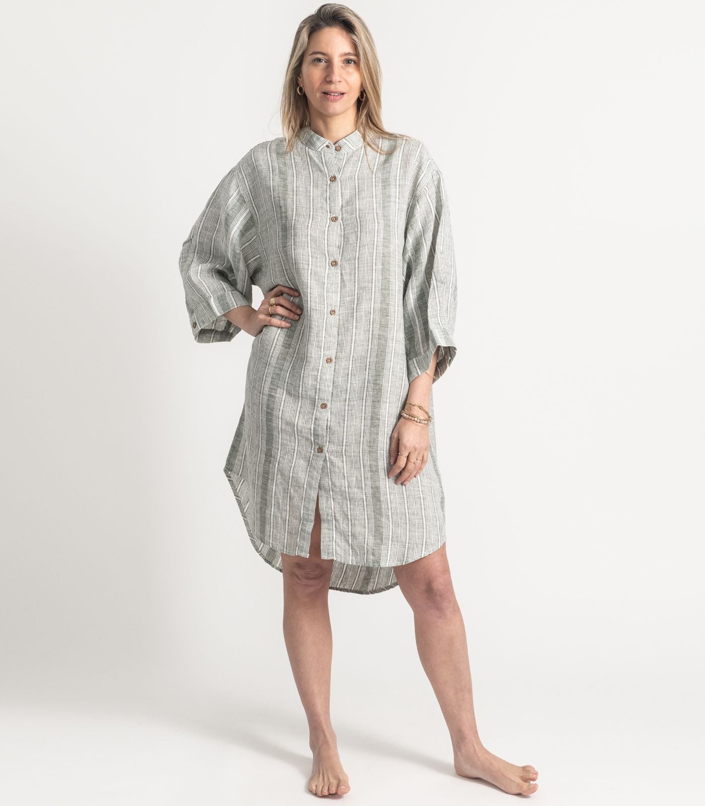 Bhumi Organic Cotton - Linen Night Shirt - Bronze Green Stripe