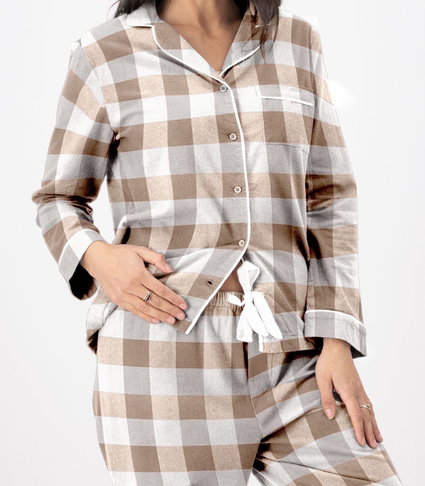 Bhumi Organic Cotton - Flannelette Long PJ Set - Check - Golden Taupe Check