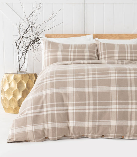 Bhumi Organic Cotton - Flannelette Quilt Cover Set - Plaid - Golden Taupe Plaid