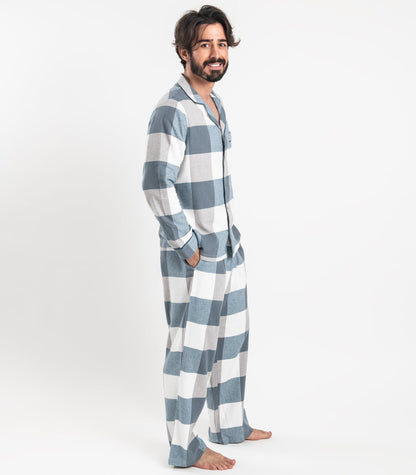 Bhumi Organic Cotton - Men's Flannelette PJ Set - Check - Powder Blue Check