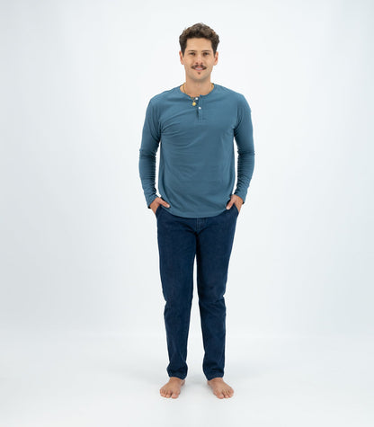 Bhumi Organic Cotton - Men's Henley Long Sleeve Shirt - Indian Teal